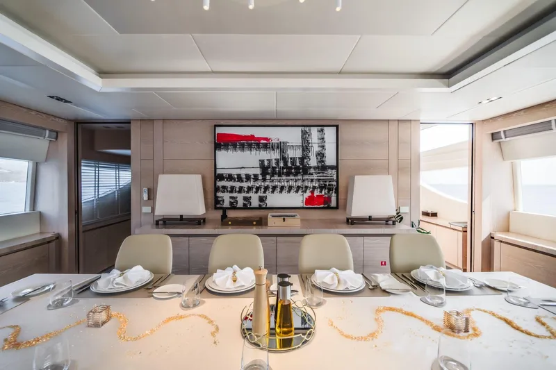Fast & Furious Yacht Photos Pics Luxurious yacht interior dining area with modern decor, AB 145 model, 2016.