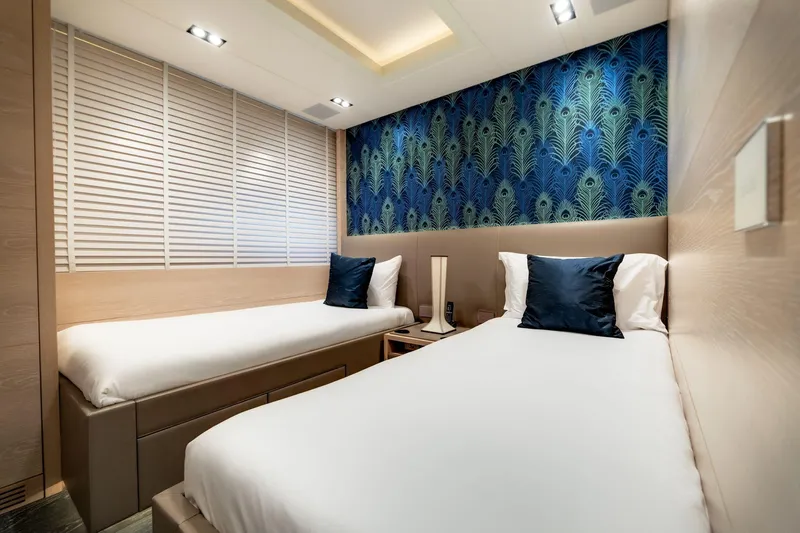 Fast & Furious Yacht Photos Pics Luxurious twin bedroom with modern decor on AB 145 yacht, 2016 model.