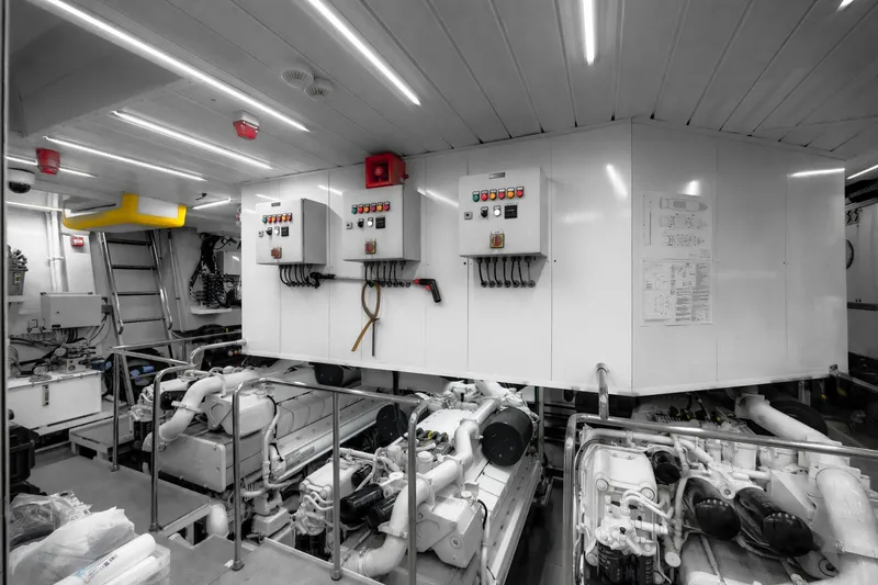 Fast & Furious Yacht Photos Pics Engine room of AB 145 yacht, 2016 model, featuring control panels and machinery.