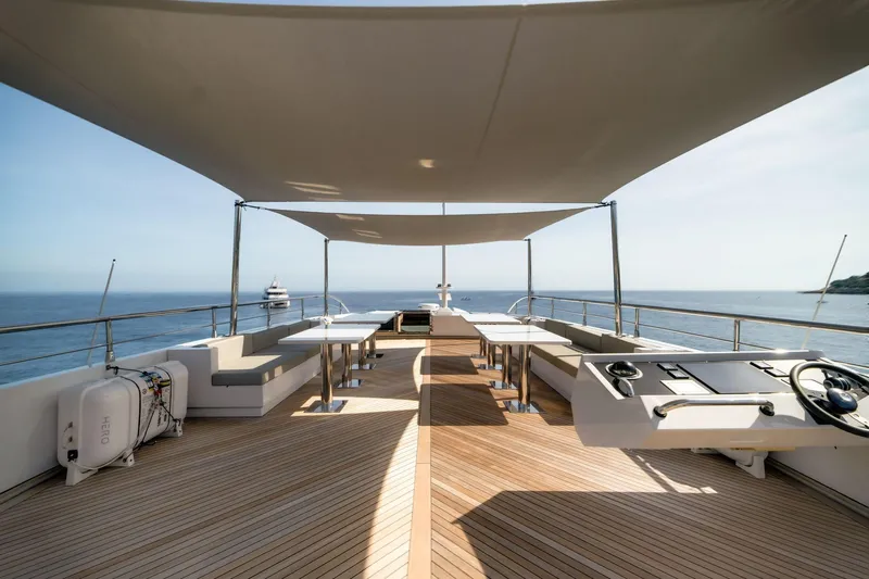 Fast & Furious Yacht Photos Pics Luxurious AB 145 yacht deck with seating, tables, and ocean view, 2016 model.