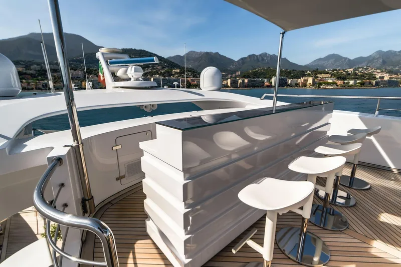 Fast & Furious Yacht Photos Pics Luxury yacht AB 145 (2016) with sleek bar and scenic coastal view.