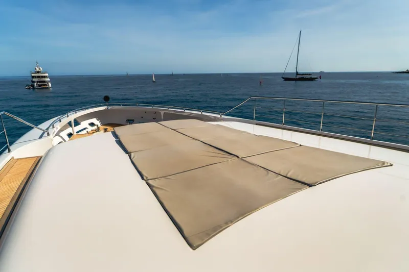 Fast & Furious Yacht Photos Pics Luxury yacht AB 145 (2016) with sunbathing deck, ocean view, and distant sailboats.