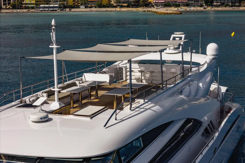 Fast & Furious Yacht Photos Pics Luxurious 2016 AB 145 yacht with spacious deck and sunshades on tranquil water.