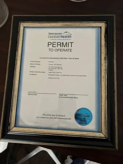 Eloquent Yacht Photos Pics Framed Vancouver Coastal Health permit for food service establishment operation.