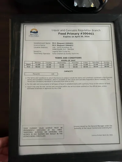Eloquent Yacht Photos Pics Framed liquor and cannabis license for Palmer Marine 70 Pilothouse, issued in British Columbia, expiring 2024.