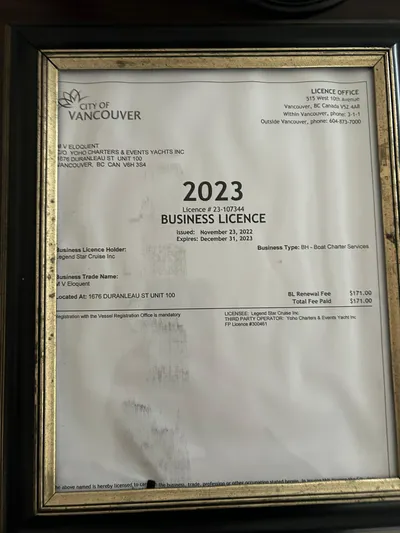 Eloquent Yacht Photos Pics Framed 2023 City of Vancouver business license for boat charter services.