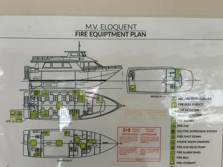 Eloquent Yacht Photos Pics Fire equipment plan for M.V. Eloquent, Palmer Marine 70 Pilothouse, 1990 model.
