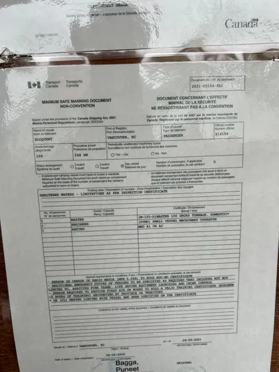 Eloquent Yacht Photos Pics Canadian marine safety document for a 1990 Palmer Marine 70 Pilothouse vessel.