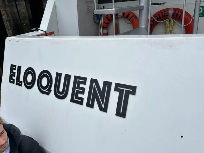 Eloquent Yacht Photos Pics Palmer Marine 70 Pilothouse 1990 boat with "Eloquent" name and life rings visible.