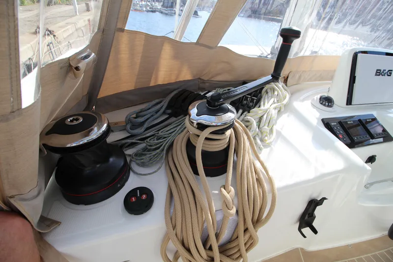 Vela Yacht Photos Pics Winches and ropes on a 2021 Lagoon 46 catamaran deck.