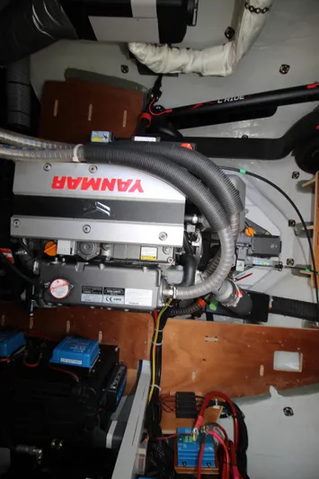Vela Yacht Photos Pics Engine compartment of a 2021 Lagoon 46 catamaran with Yanmar engine components.