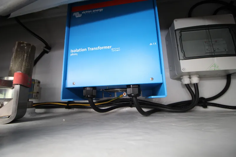 Vela Yacht Photos Pics Isolation transformer in a 2021 Lagoon 46 yacht, featuring electrical wiring and components.