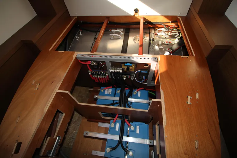 Vela Yacht Photos Pics Electrical system of a 2021 Lagoon 46 yacht, featuring batteries and wiring.