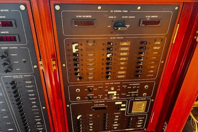 Moses Yacht Photos Pics Electrical control panel on a 2003 Lyman-Morse Wesmac Sportfish Cruiser.