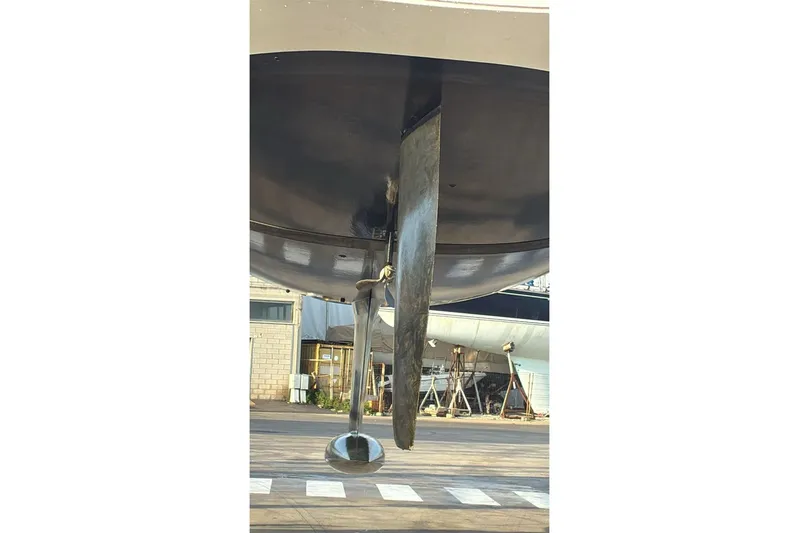 Cum Laude Yacht Photos Pics 2017 Dufour 512 Grand Large yacht keel and rudder in dry dock.