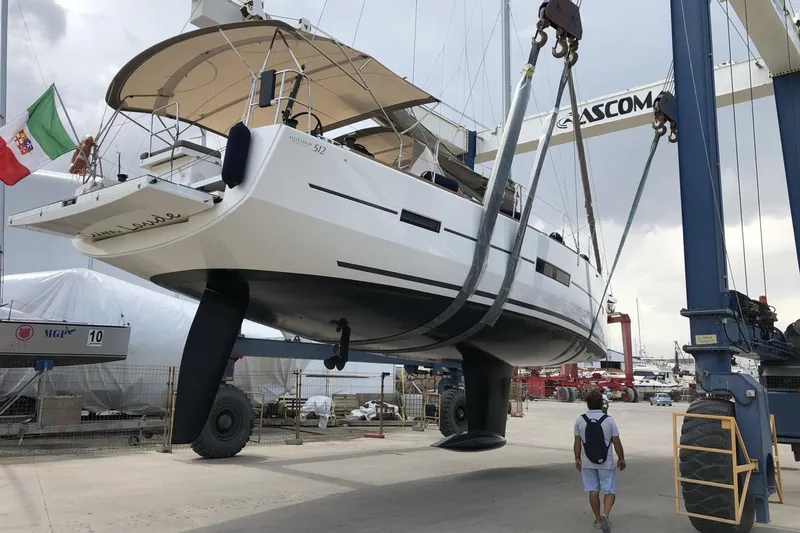 Cum Laude Yacht Photos Pics 2017 Dufour 512 Grand Large yacht in shipyard lift.