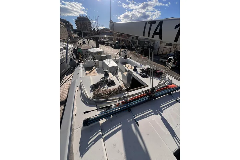 Cum Laude Yacht Photos Pics 2017 Dufour 512 Grand Large sailboat deck with rigging and equipment.