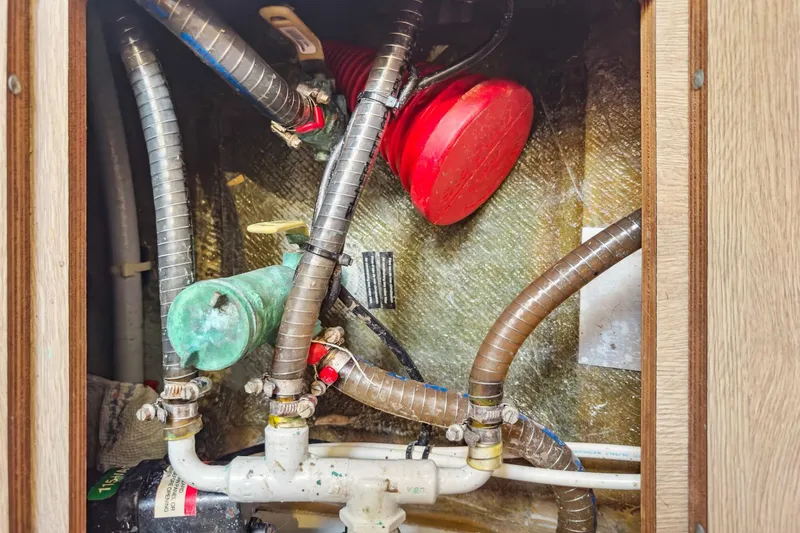 Sweet Sweet Life Yacht Photos Pics Engine compartment of a 2020 Lagoon 42 catamaran with visible hoses and components.