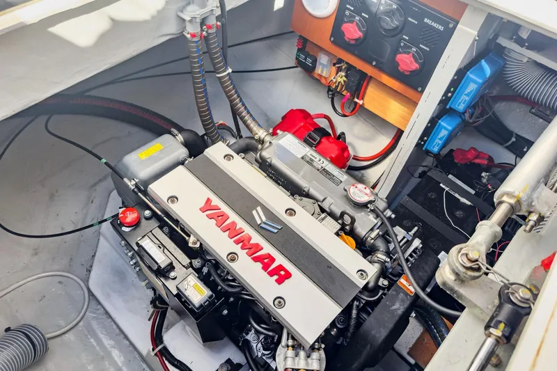 Sweet Sweet Life Yacht Photos Pics Engine compartment of a 2020 Lagoon 42 catamaran featuring a Yanmar engine.
