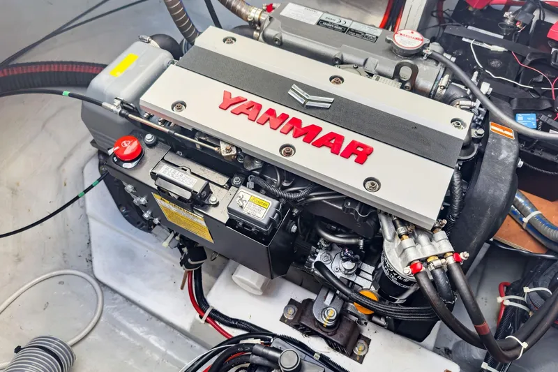 Sweet Sweet Life Yacht Photos Pics Yanmar engine in a 2020 Lagoon 42 catamaran, showcasing detailed components and connections.