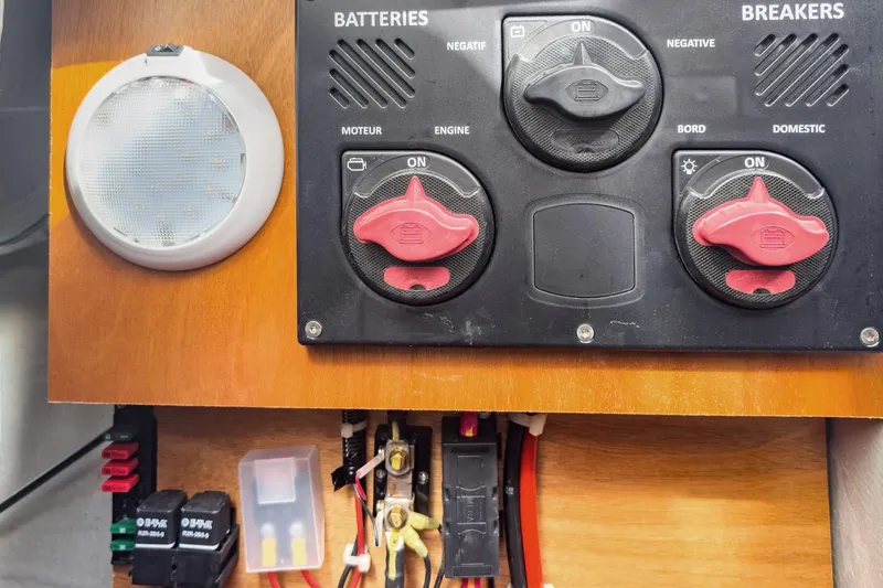 Sweet Sweet Life Yacht Photos Pics Electrical panel of a 2020 Lagoon 42 yacht with battery switches and breakers.