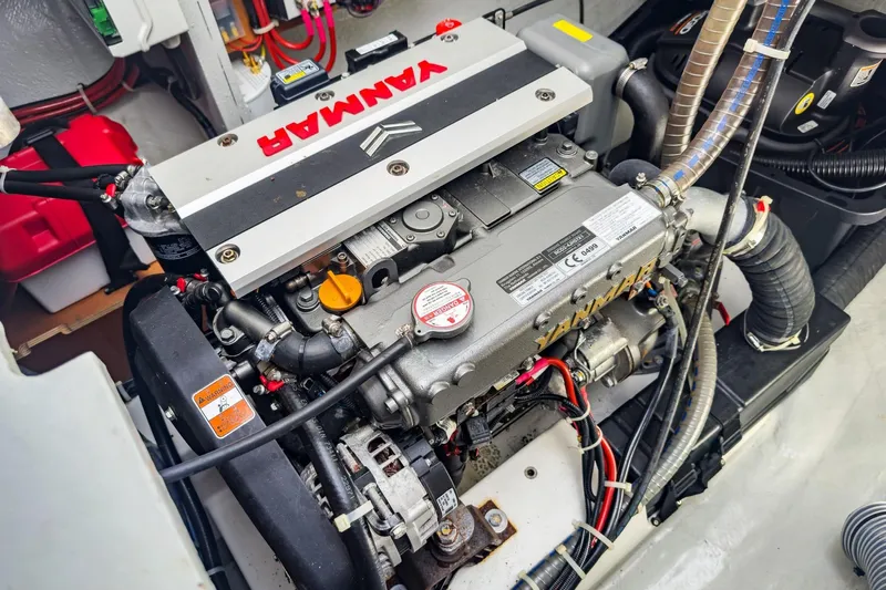 Sweet Sweet Life Yacht Photos Pics Engine compartment of a 2020 Lagoon 42 catamaran featuring a Yanmar engine.