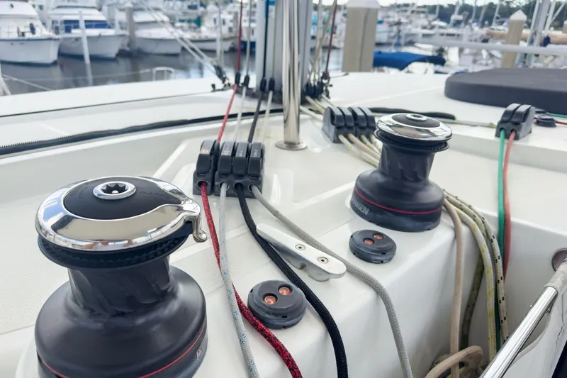 Sweet Sweet Life Yacht Photos Pics Close-up of 2020 Lagoon 42 sailboat winches and ropes at marina.