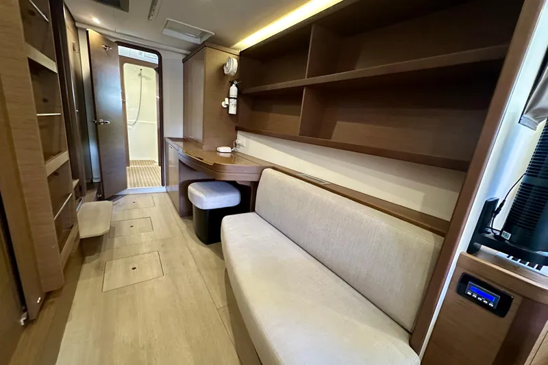 Owners Version Yacht Photos Pics Interior of 2020 Lagoon 42 yacht with modern furnishings and wooden accents.