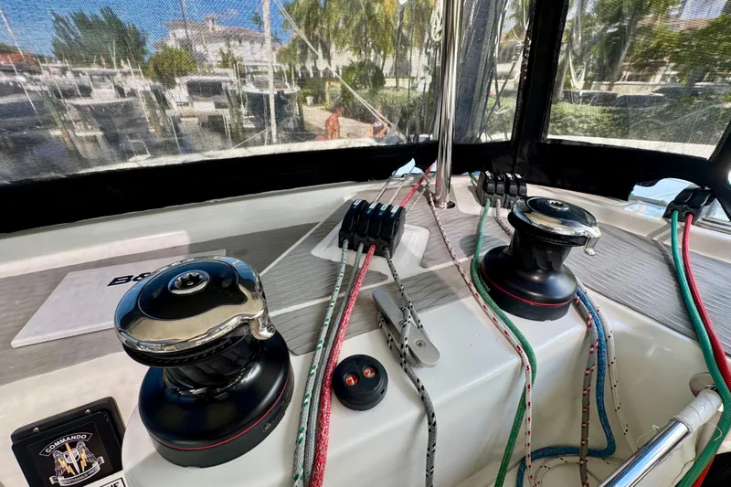 Owners Version Yacht Photos Pics Cockpit of 2020 Lagoon 42 catamaran with winches and colorful ropes.