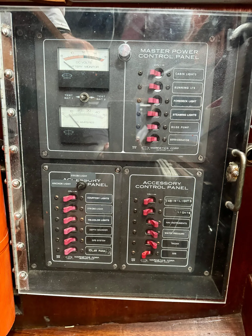 Electrical control panel on a 1979 Islander IP Peterson 40 sailboat.