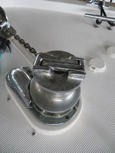 Bella Luna Yacht Photos Pics Anchor winch on 1990 Ocean Alexander 48 Cockpit Motoryacht deck.