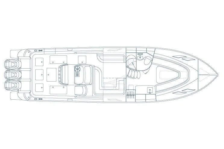  Yacht Photos Pics Manufacturer Provided Image: Blueprint of a 2018 Intrepid 407 Cuddy boat layout with triple outboard engines.