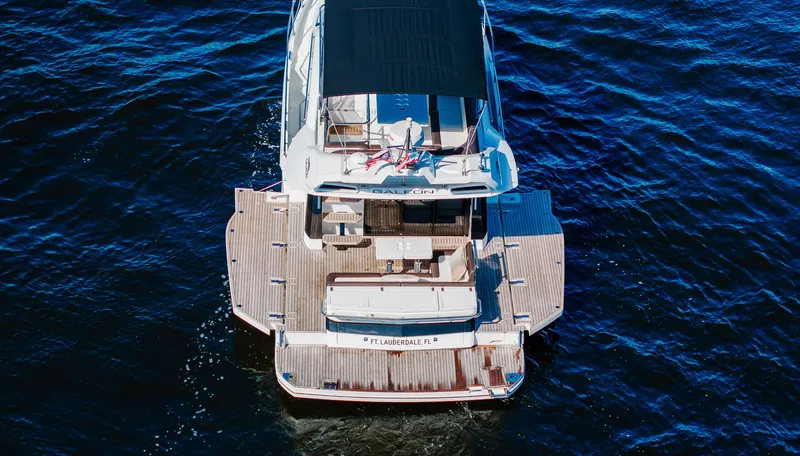 Lei Vola Yacht Photos Pics Aerial view of 2022 Galeon 400 Fly yacht on blue water.