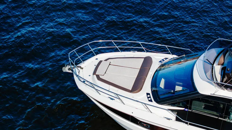 Lei Vola Yacht Photos Pics 2022 Galeon 400 Fly yacht on blue water, aerial view.