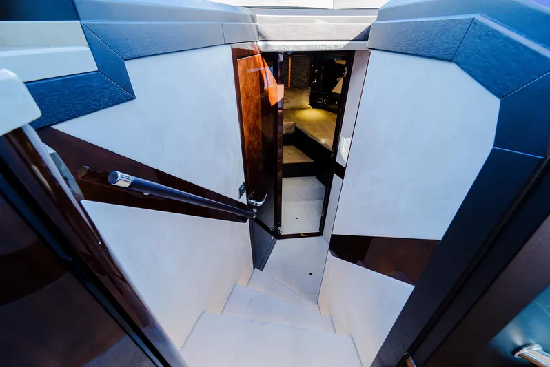Lei Vola Yacht Photos Pics Interior staircase of 2022 Galeon 400 Fly yacht, featuring sleek design and modern finishes.