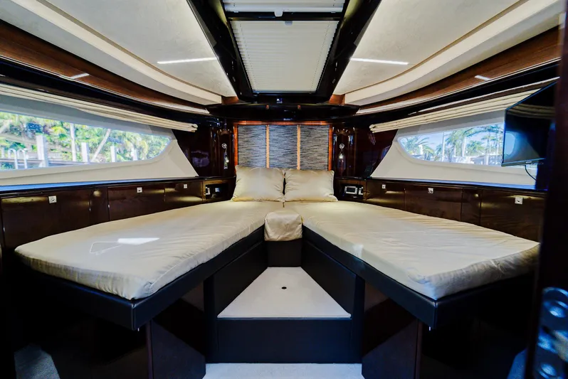 Lei Vola Yacht Photos Pics Luxurious interior of 2022 Galeon 400 Fly yacht with elegant bedding and modern design.