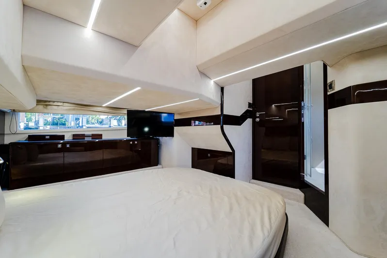 Lei Vola Yacht Photos Pics Luxurious interior of 2022 Galeon 400 Fly yacht with modern design and ambient lighting.