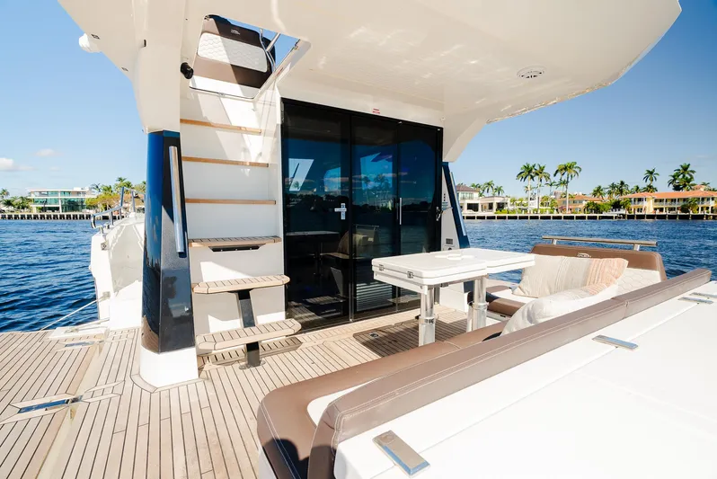 Lei Vola Yacht Photos Pics Galeon 400 Fly 2022 yacht deck with seating area and ocean view.
