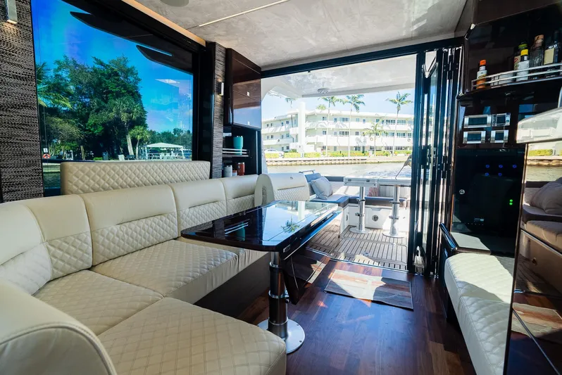 Lei Vola Yacht Photos Pics Luxurious interior of 2022 Galeon 400 Fly yacht with elegant seating and modern design.