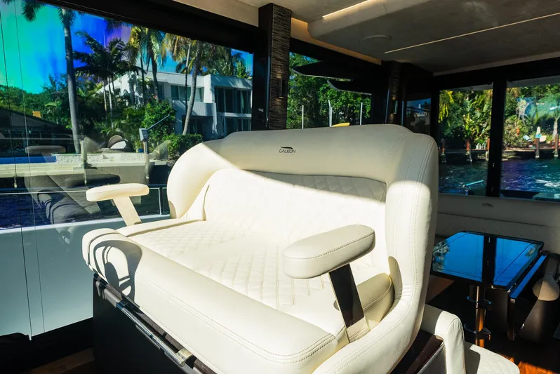 Lei Vola Yacht Photos Pics Luxurious interior of 2022 Galeon 400 Fly yacht with plush seating.