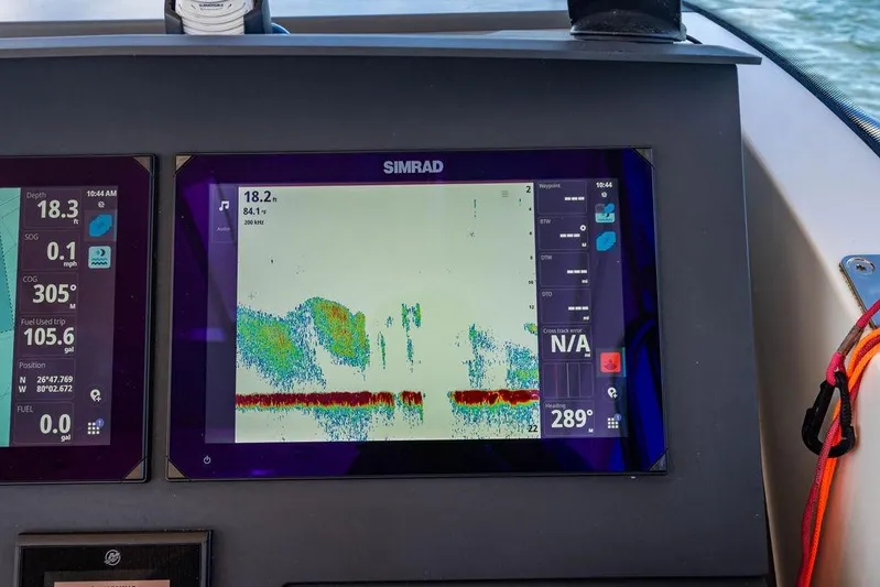  Yacht Photos Pics Simrad navigation display on 2023 Nimbus Tender 11 boat, showing depth and sonar data.