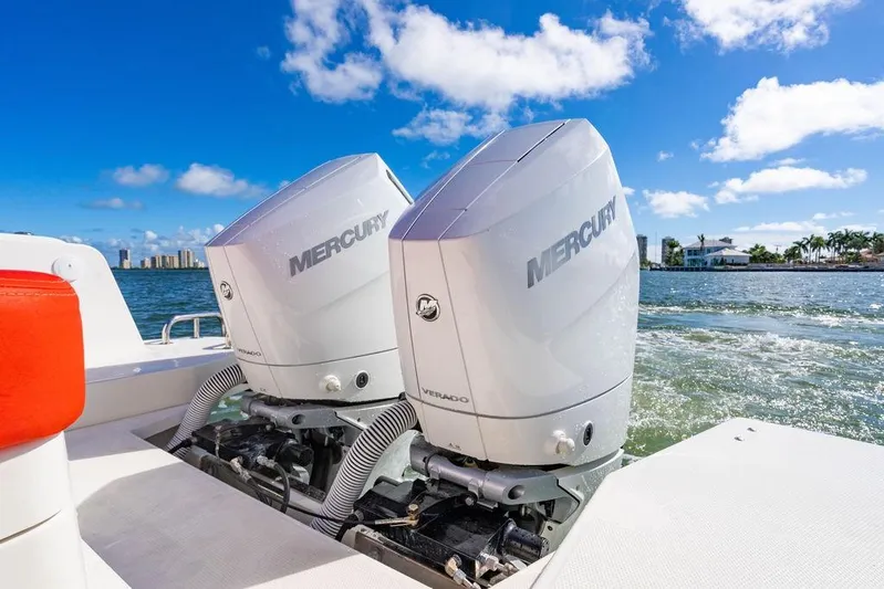  Yacht Photos Pics Twin Mercury outboard engines on 2023 Nimbus Tender 11 boat, cruising on a sunny day.