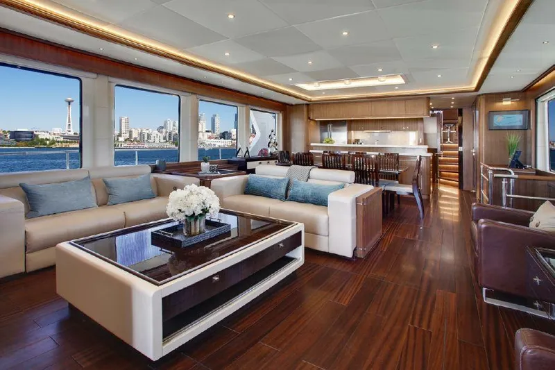  Yacht Photos Pics Luxurious interior of 2026 Selene 92 Explorer yacht with city skyline view.