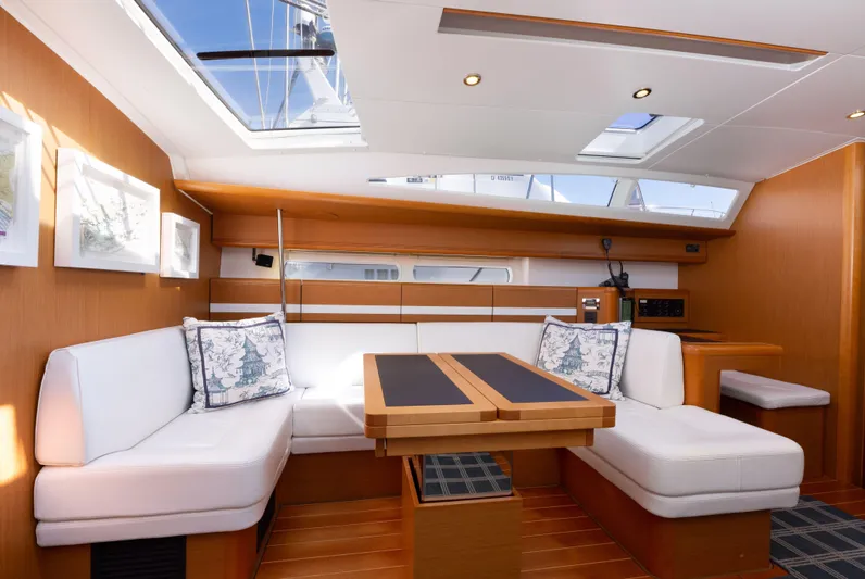 Shenanigans Yacht Photos Pics Luxurious interior of 2015 Jeanneau 53DS yacht with elegant seating and skylights.