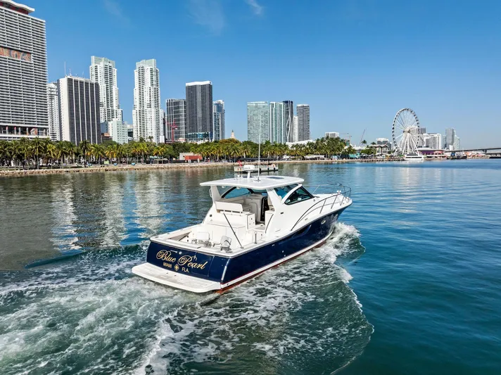 Blue Pearl Yacht Photos Pics Tiara Yachts 4200 Open cruising near city skyline and Ferris wheel, 2004 model.