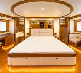  Yacht Photos Pics Luxurious interior of 2026 Selene 60 Explorer yacht with elegant wood finishes and ambient lighting.