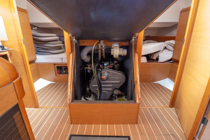  Yacht Photos Pics Engine room of 2013 Jeanneau Sun Odyssey 439 sailboat, featuring Yanmar engine.