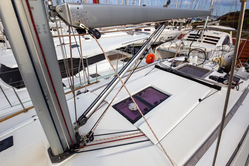  Yacht Photos Pics 2013 Jeanneau Sun Odyssey 439 sailboat deck with rigging and hatches.
