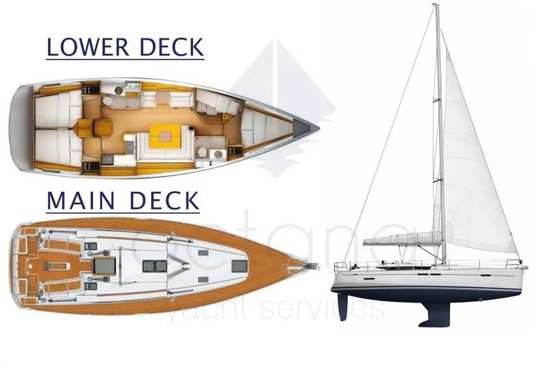  Yacht Photos Pics 2013 Jeanneau Sun Odyssey 439 yacht layout: lower and main deck plans, side view.