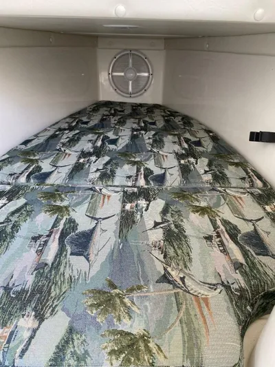 Gone Cucu Yacht Photos Pics 2020 Century 3200 Center Console cabin with patterned bedding and ventilation fan.